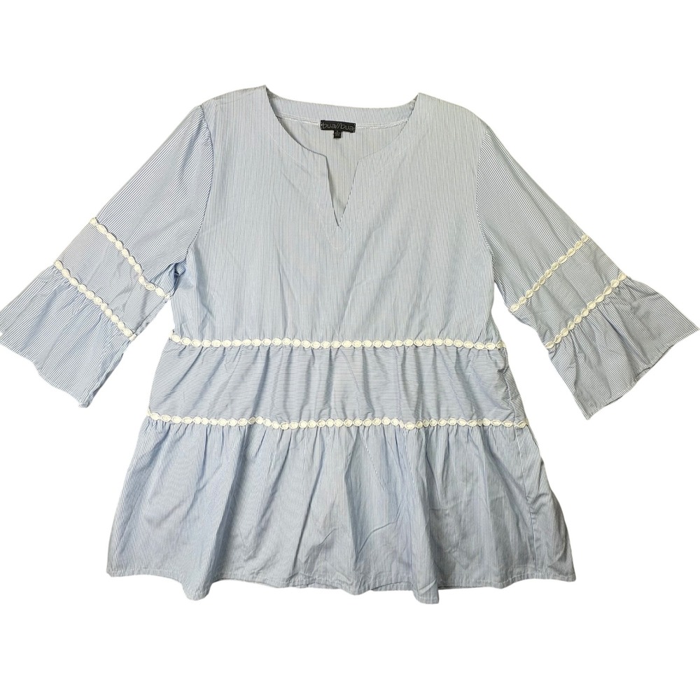 Bua Bua Striped Tiered Tunic Top Crochet Lace Bell Sleeve L Boho Coastal Cottage